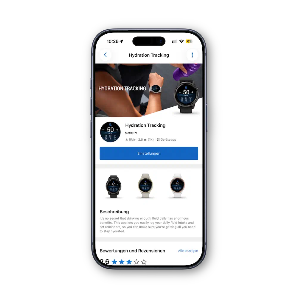 Screenshot der Garmin Hydration Tracking App im Connect IQ Store, eingebettet in ein iPhone-Mockup.